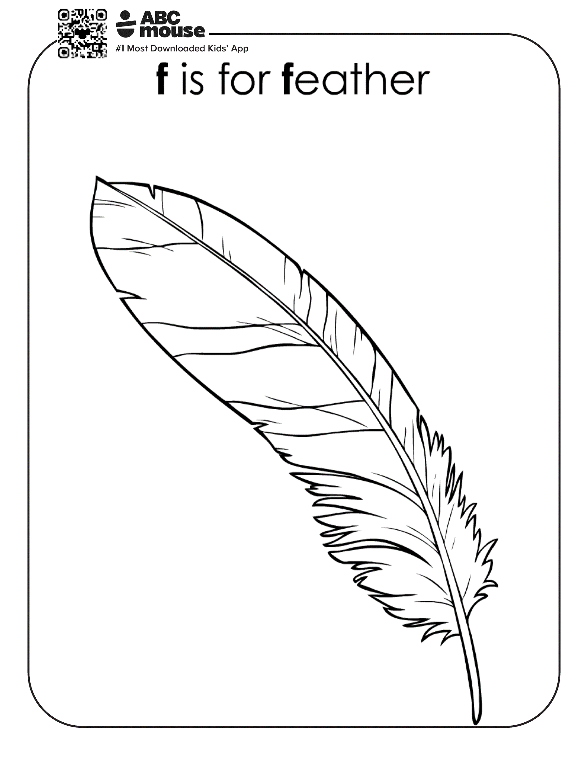 F is for feather. Free printable coloring page from ABCmouse.com.