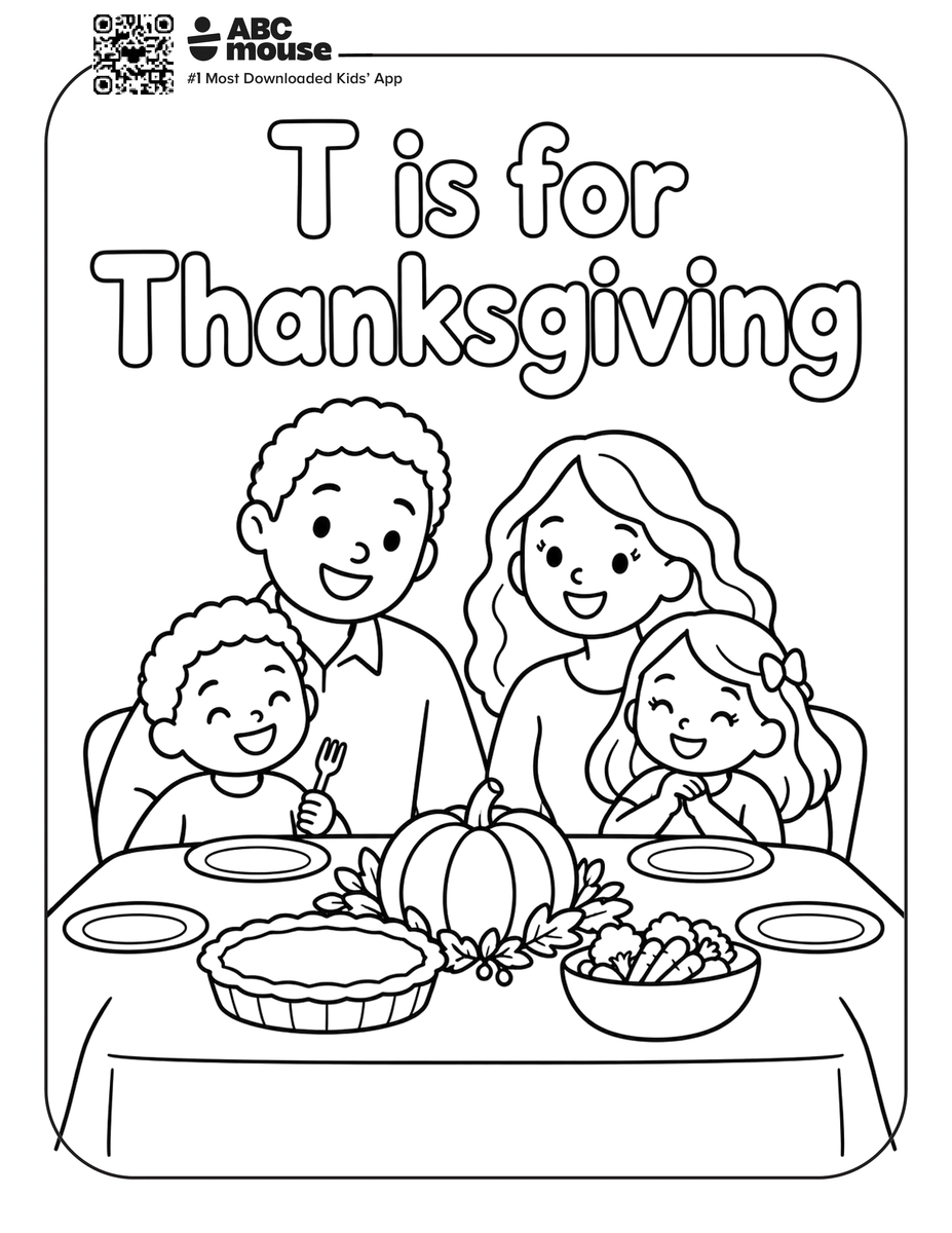 T is for Thanksgiving. Free printable coloring page from ABCmouse.com.