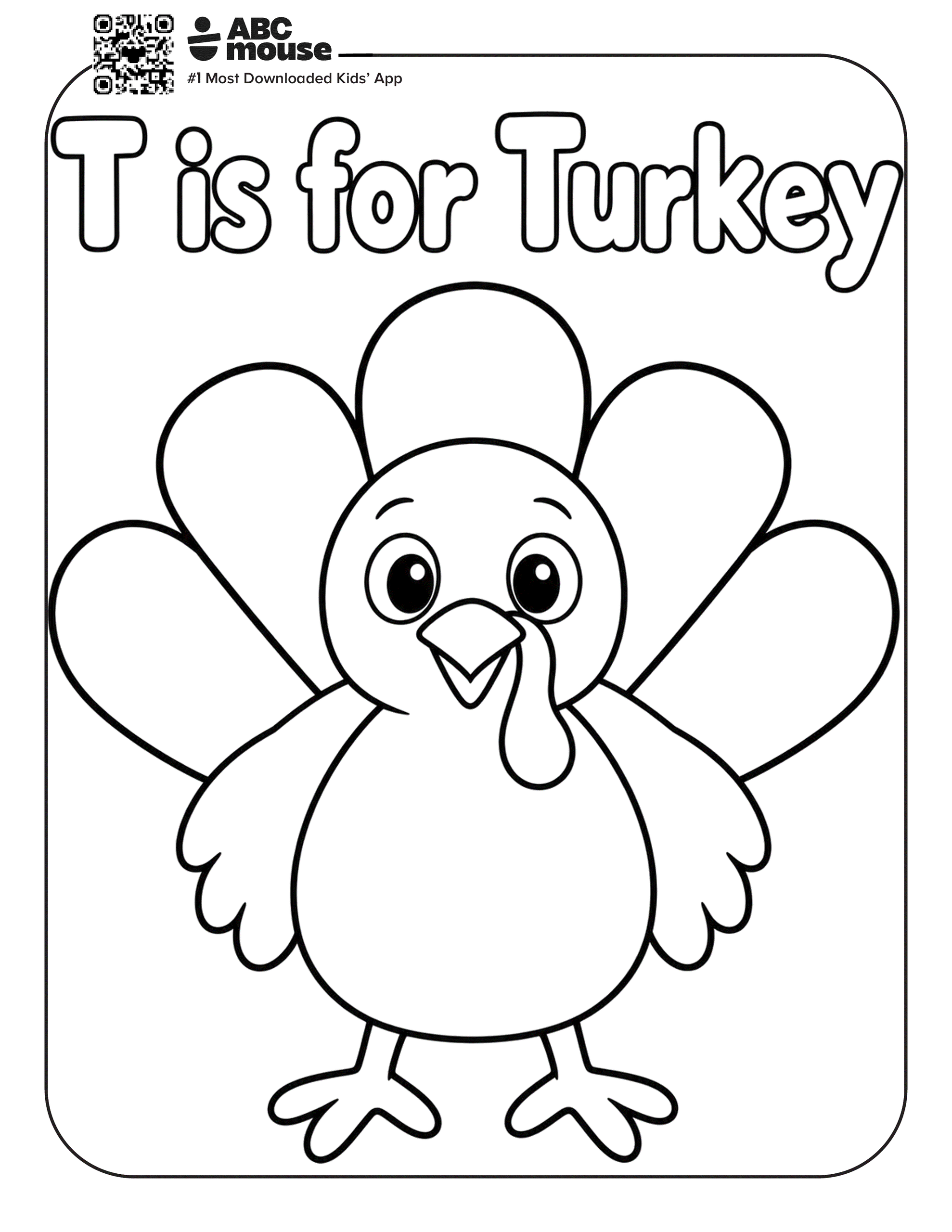 T is for turkey. Free printable coloring page from ABCmouse.com.