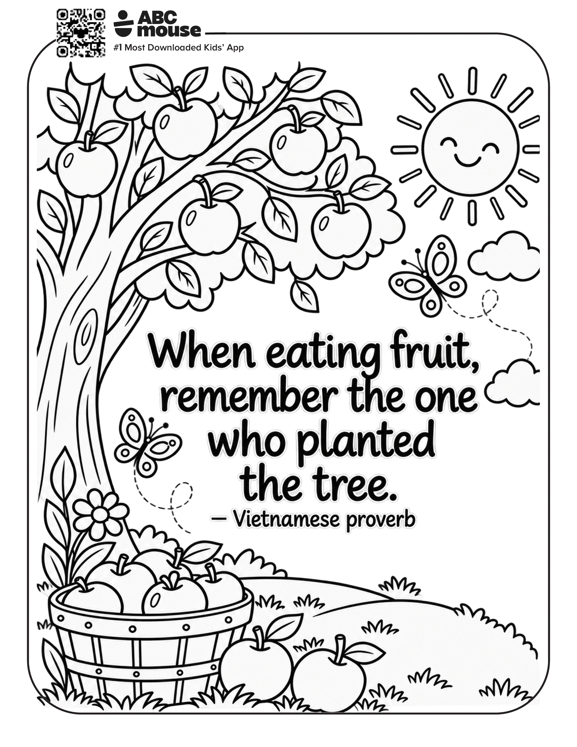Apple Orchard Proverb coloring page featuring an apple tree, baskets of apples, and a Vietnamese proverb about gratitude.