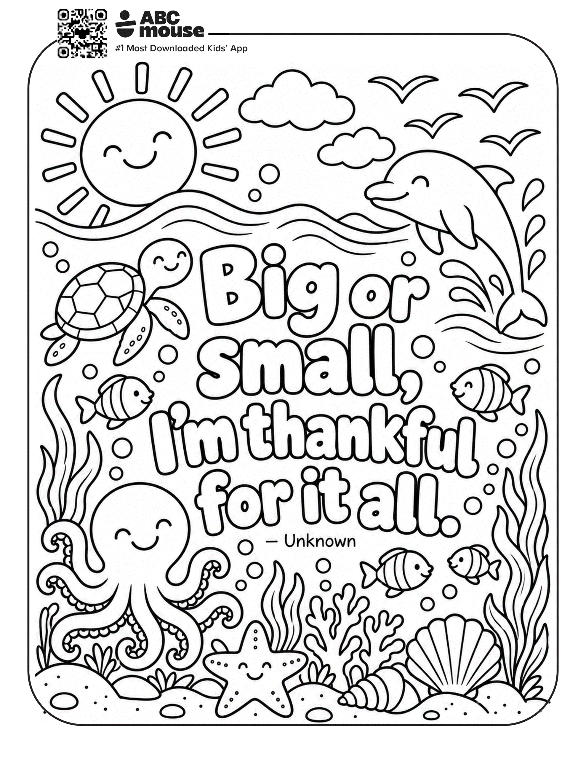 Big or Small I'm Thankful for It All coloring page featuring smiling sea creatures, coral, and ocean waves.
