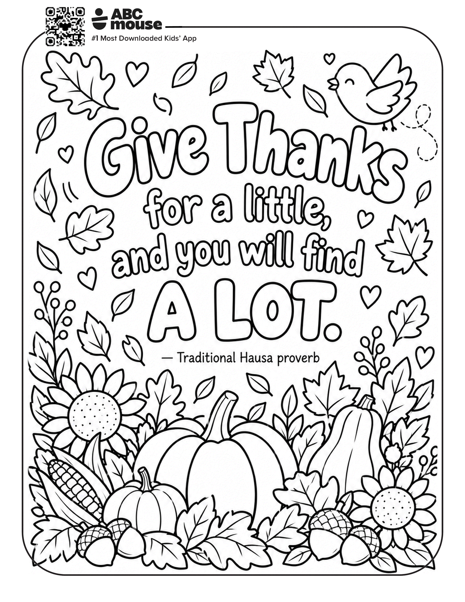 Give Thanks coloring page featuring pumpkins, fall leaves, flowers, and a Thanksgiving gratitude message.