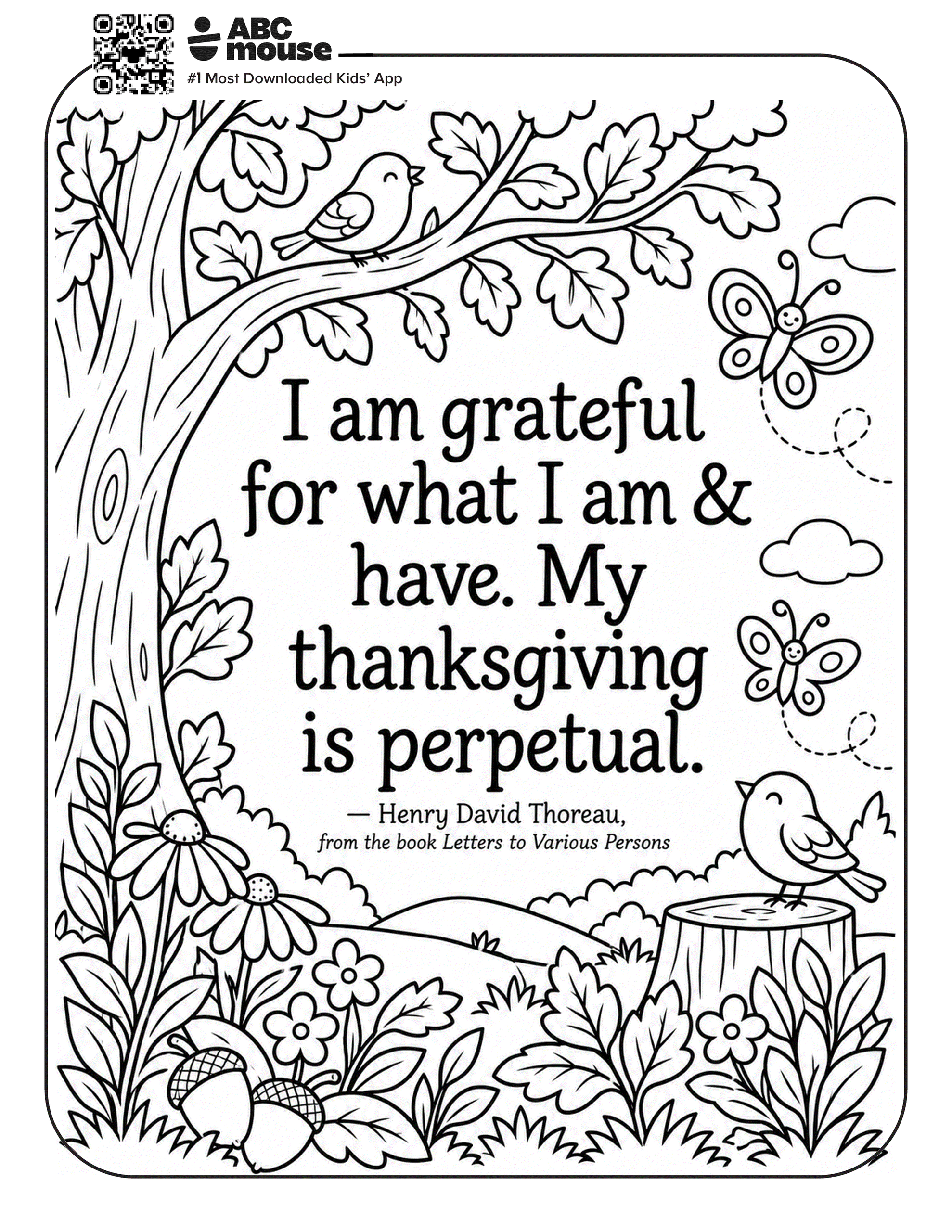 Grateful Forest coloring page featuring a woodland scene with trees, flowers, butterflies, and a gratitude quote.