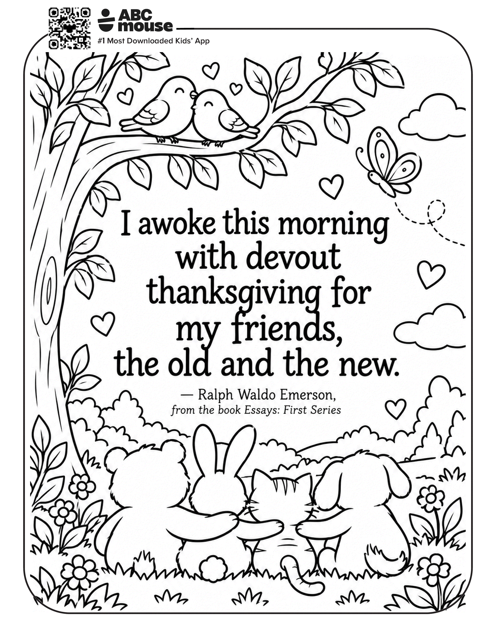 Grateful Friends in Nature coloring page featuring two birds on a tree branch and a quote about gratitude and friendship.