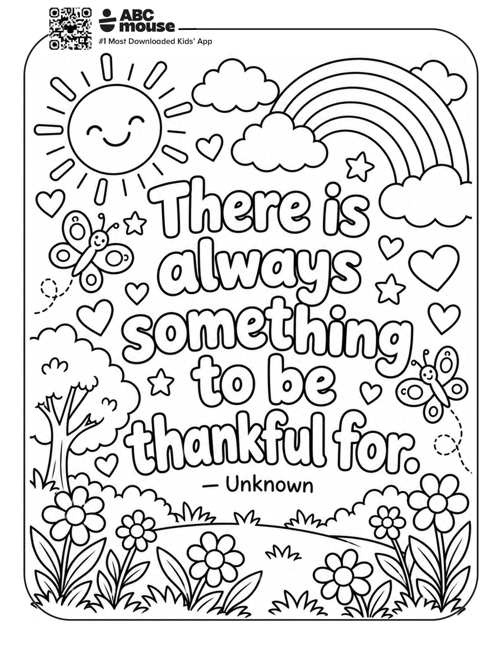 Thankful Garden coloring page featuring a rainbow, smiling sun, butterflies, flowers, and hearts.
