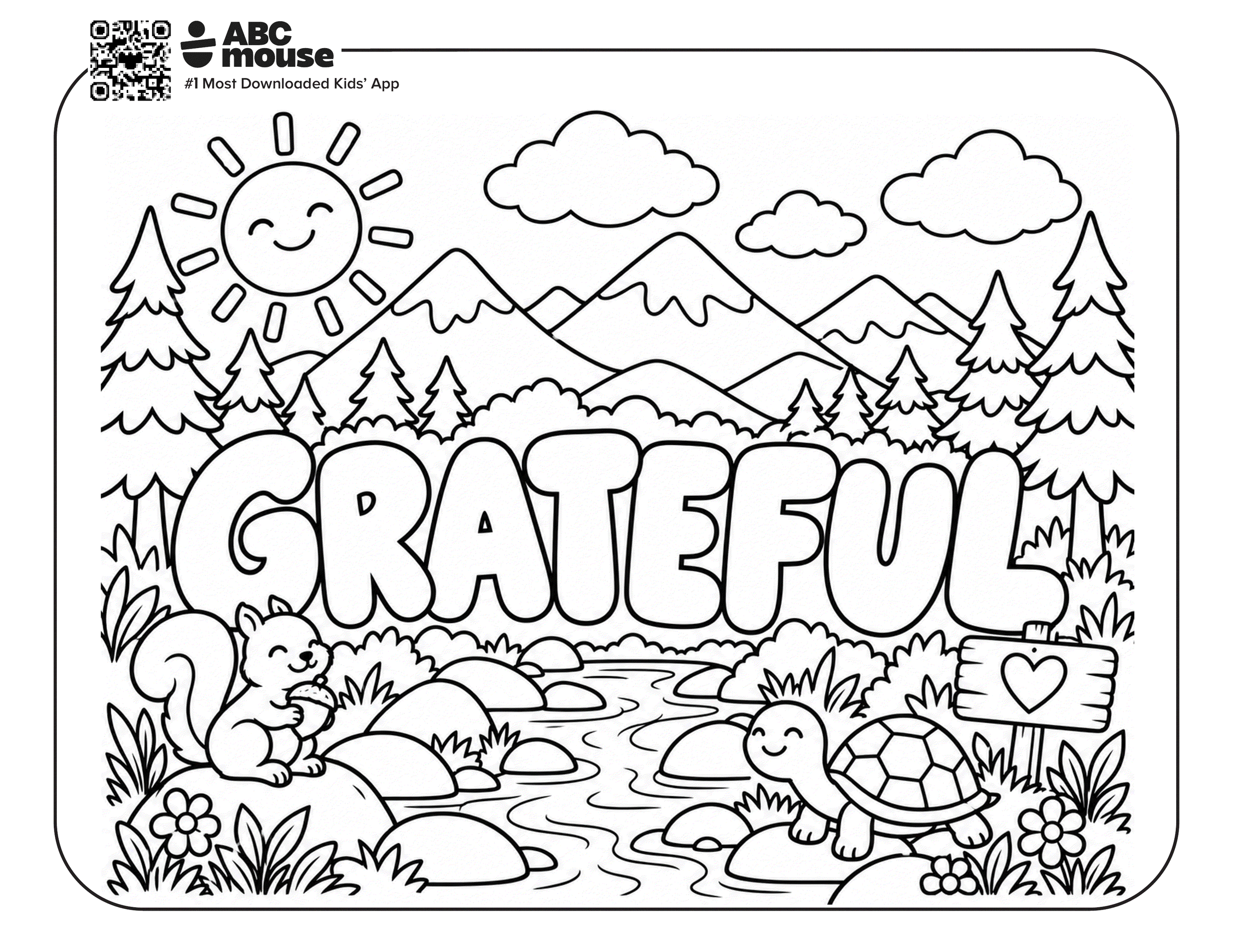 Grateful Nature coloring page featuring mountains, trees, a river, woodland animals, and large grateful lettering.