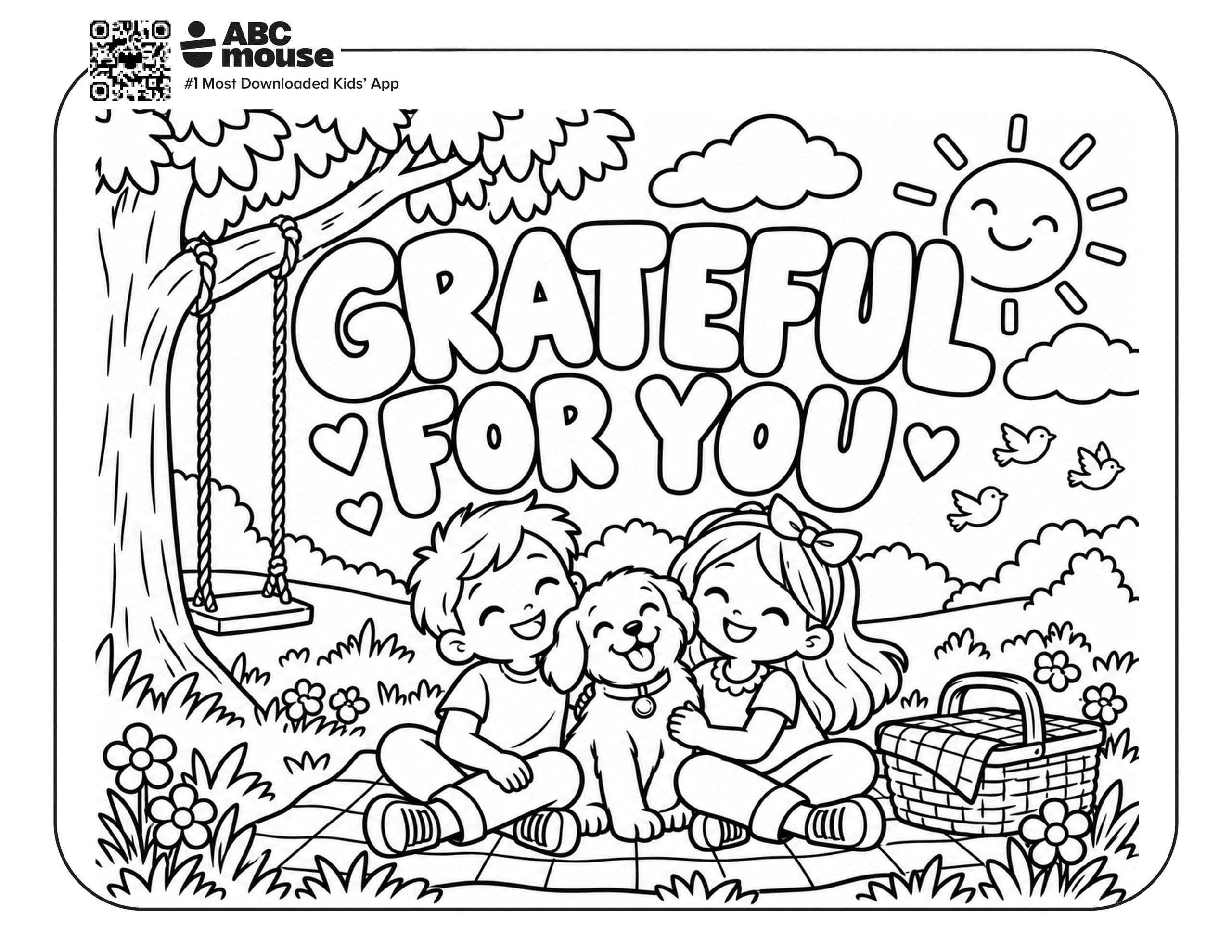 Grateful for You coloring page featuring three friends enjoying a picnic beneath a tree.