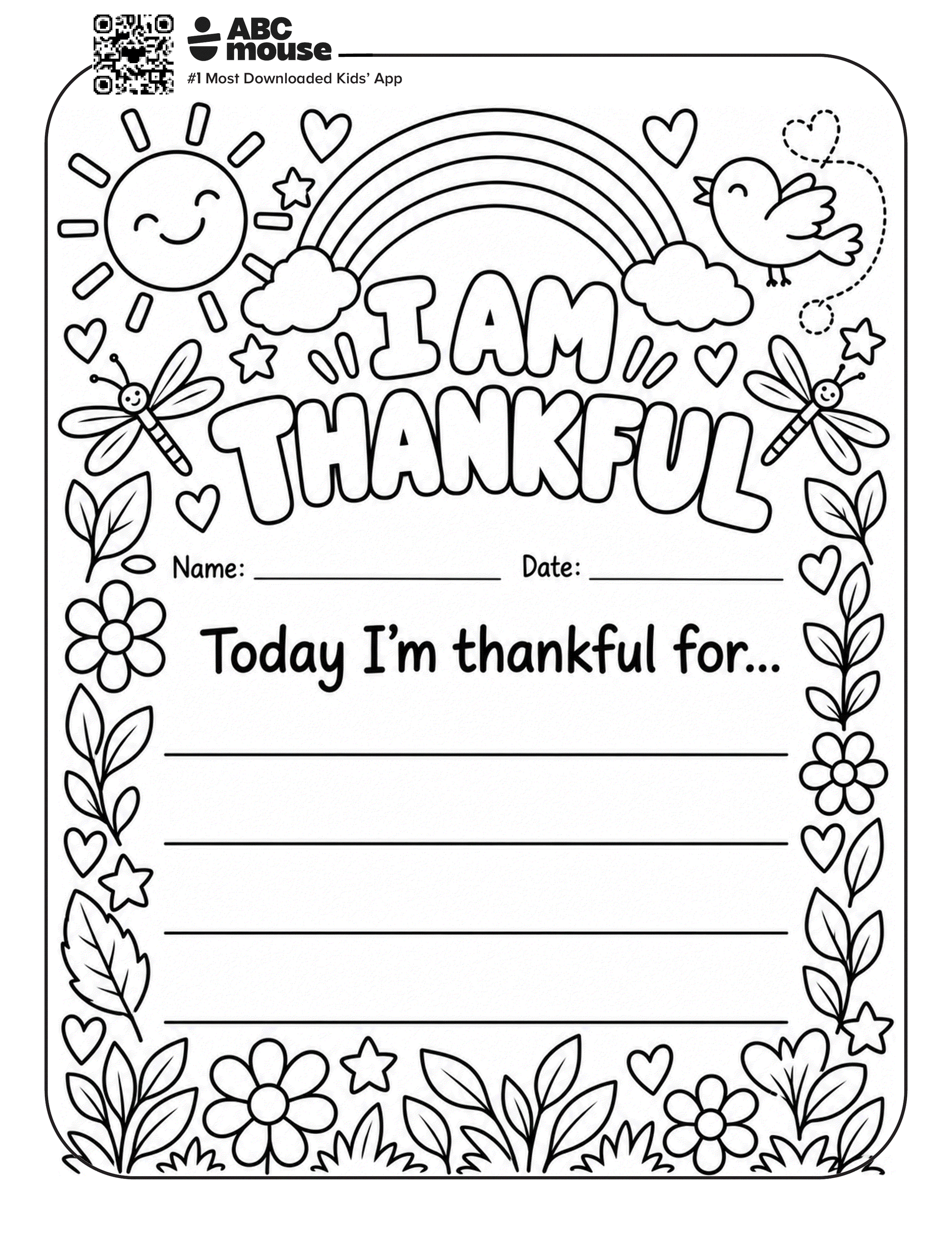 I Am Thankful coloring worksheet featuring a rainbow, flowers, and writing lines for children to share what they're thankful for.