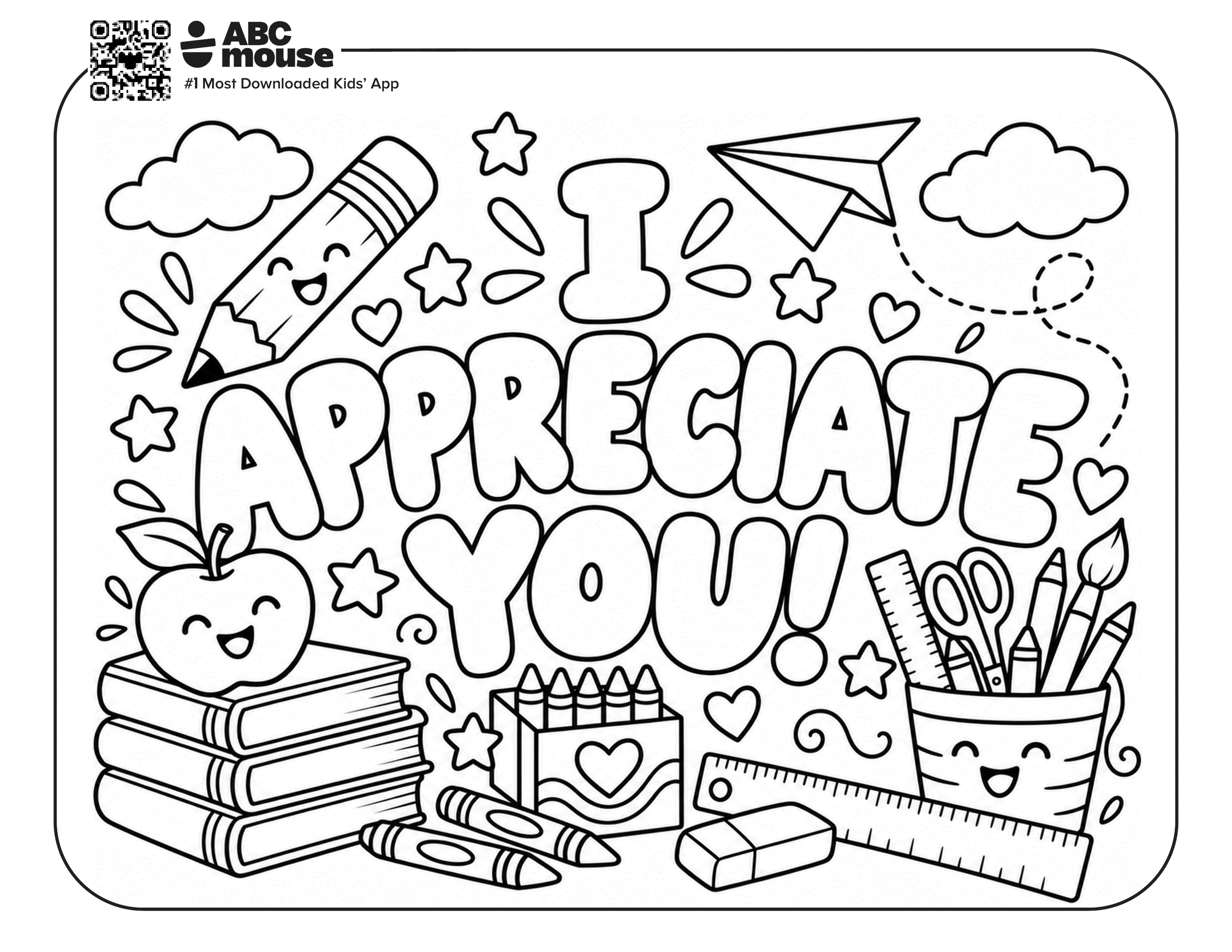 I Appreciate You coloring page featuring classroom supplies, books, pencils, and a cheerful appreciation message.