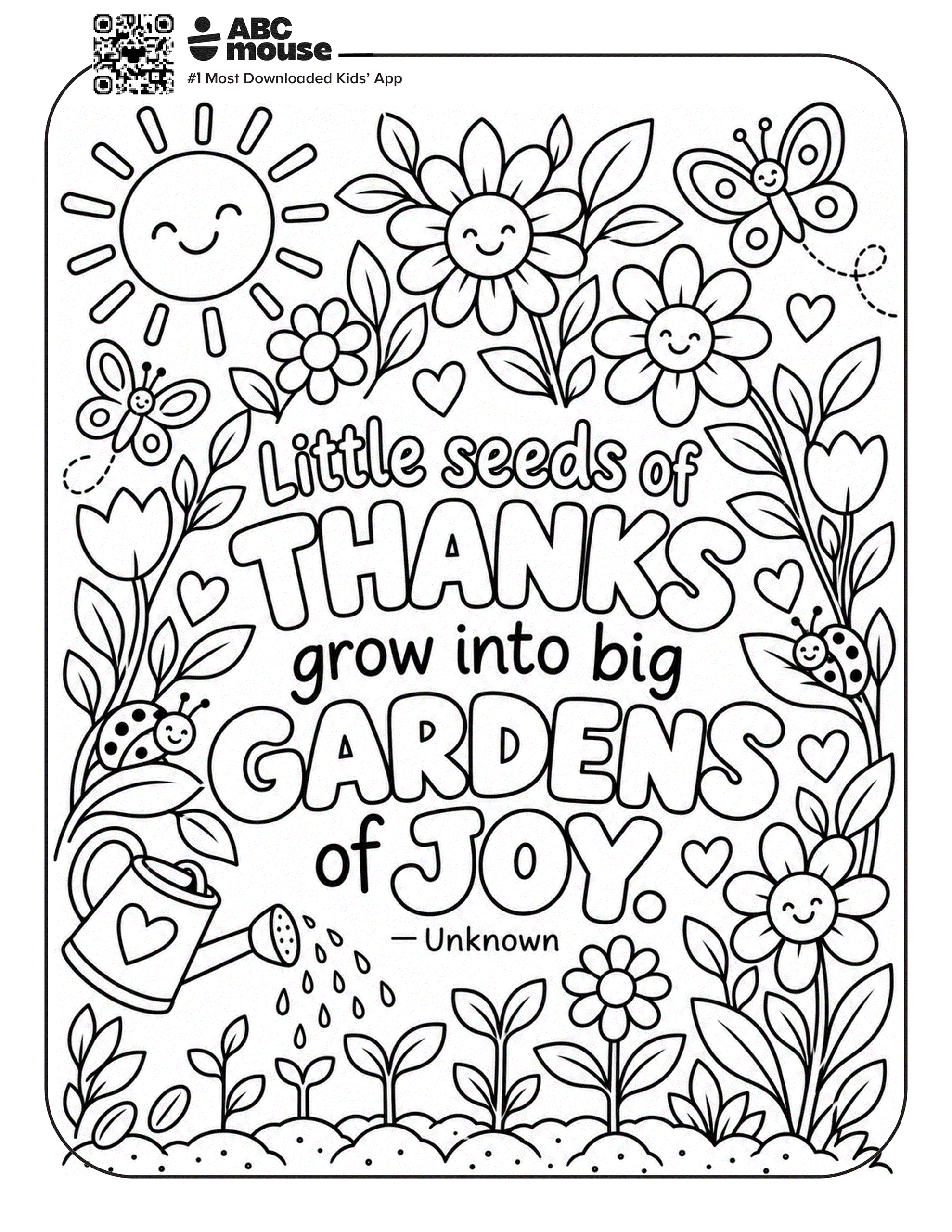 Little Seeds of Joy coloring page featuring flowers, butterflies, and an inspirational quote about gratitude.