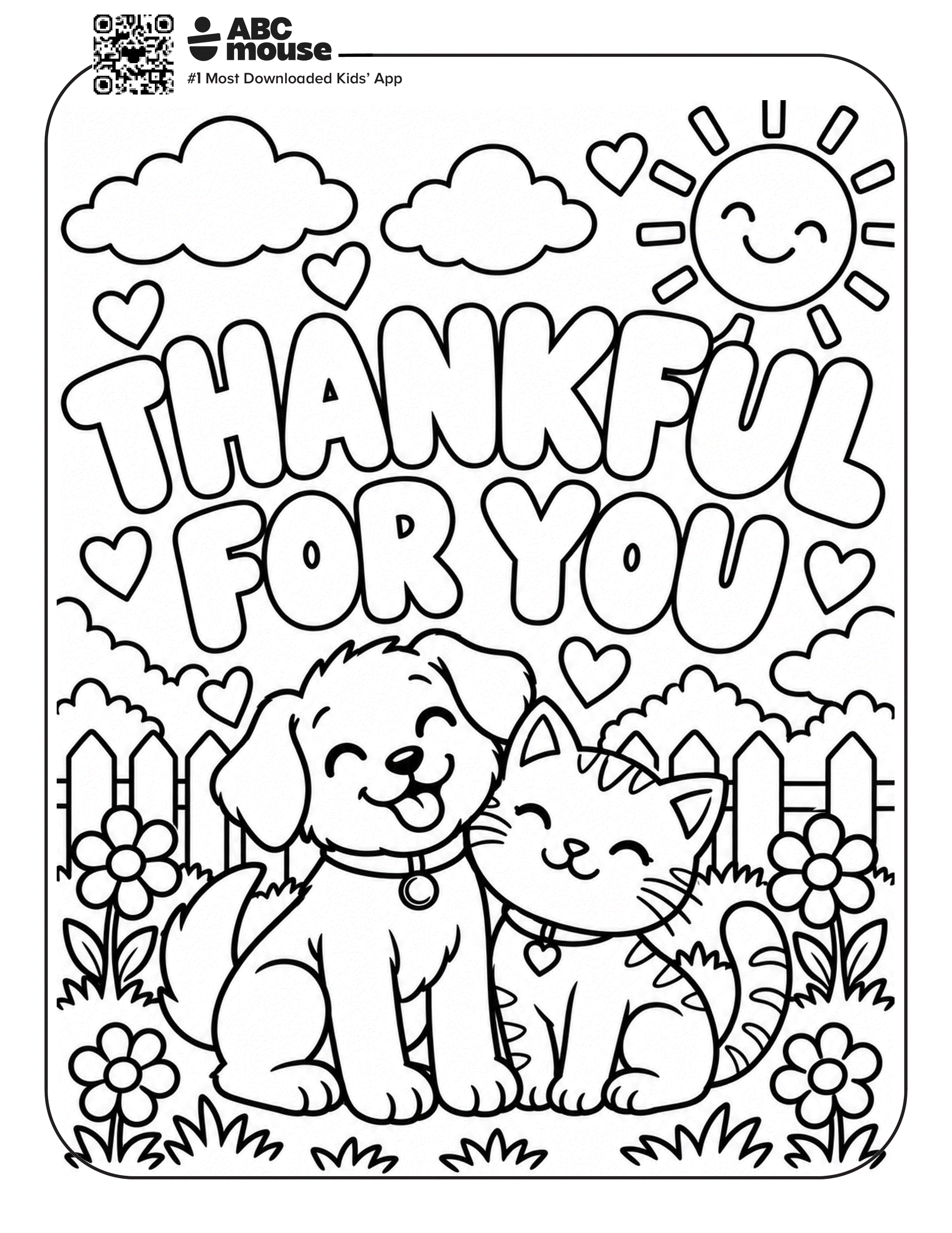 Thankful for You coloring page featuring a cute puppy and kitten surrounded by flowers and hearts.