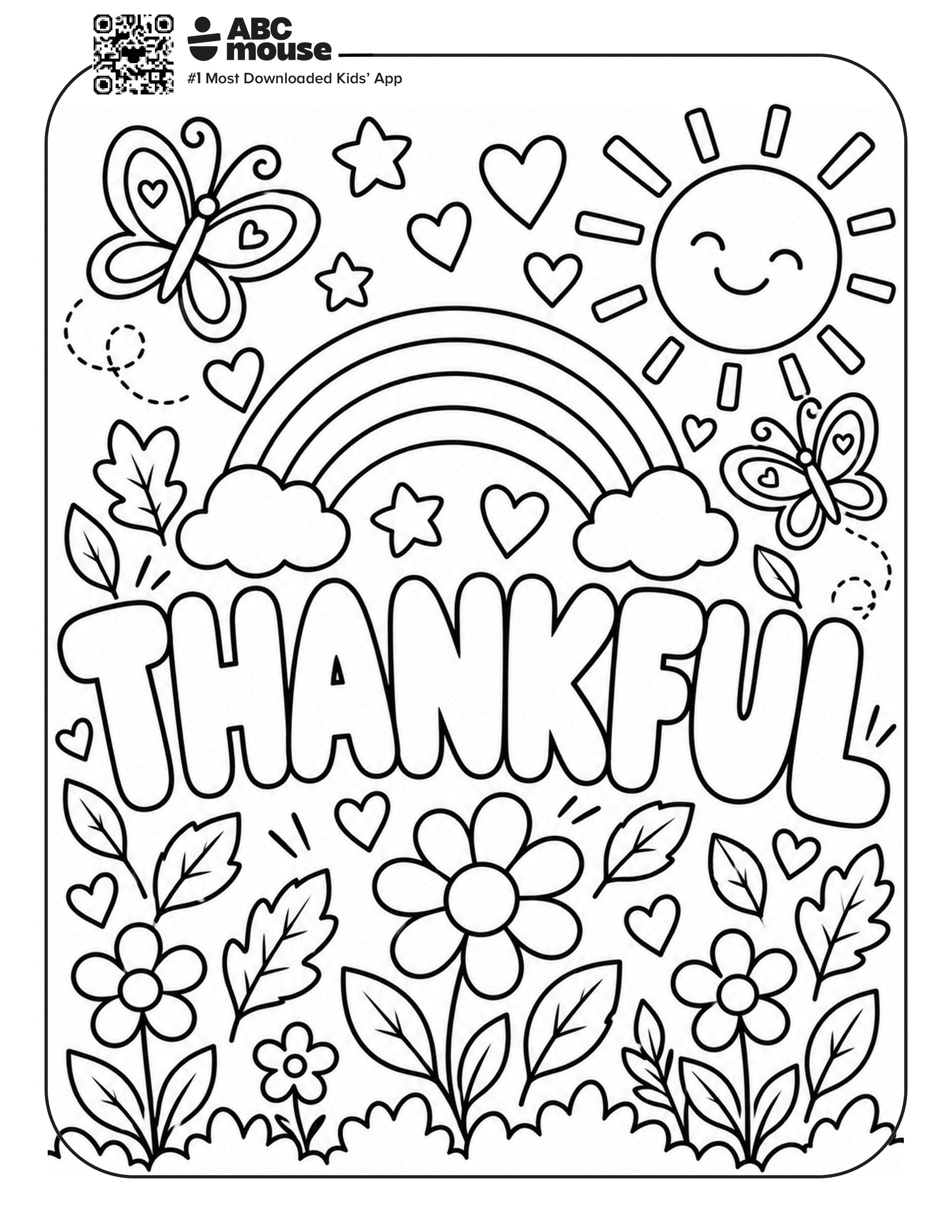 Grateful Garden coloring page featuring a rainbow, flowers, butterflies, and a quote about thankfulness.