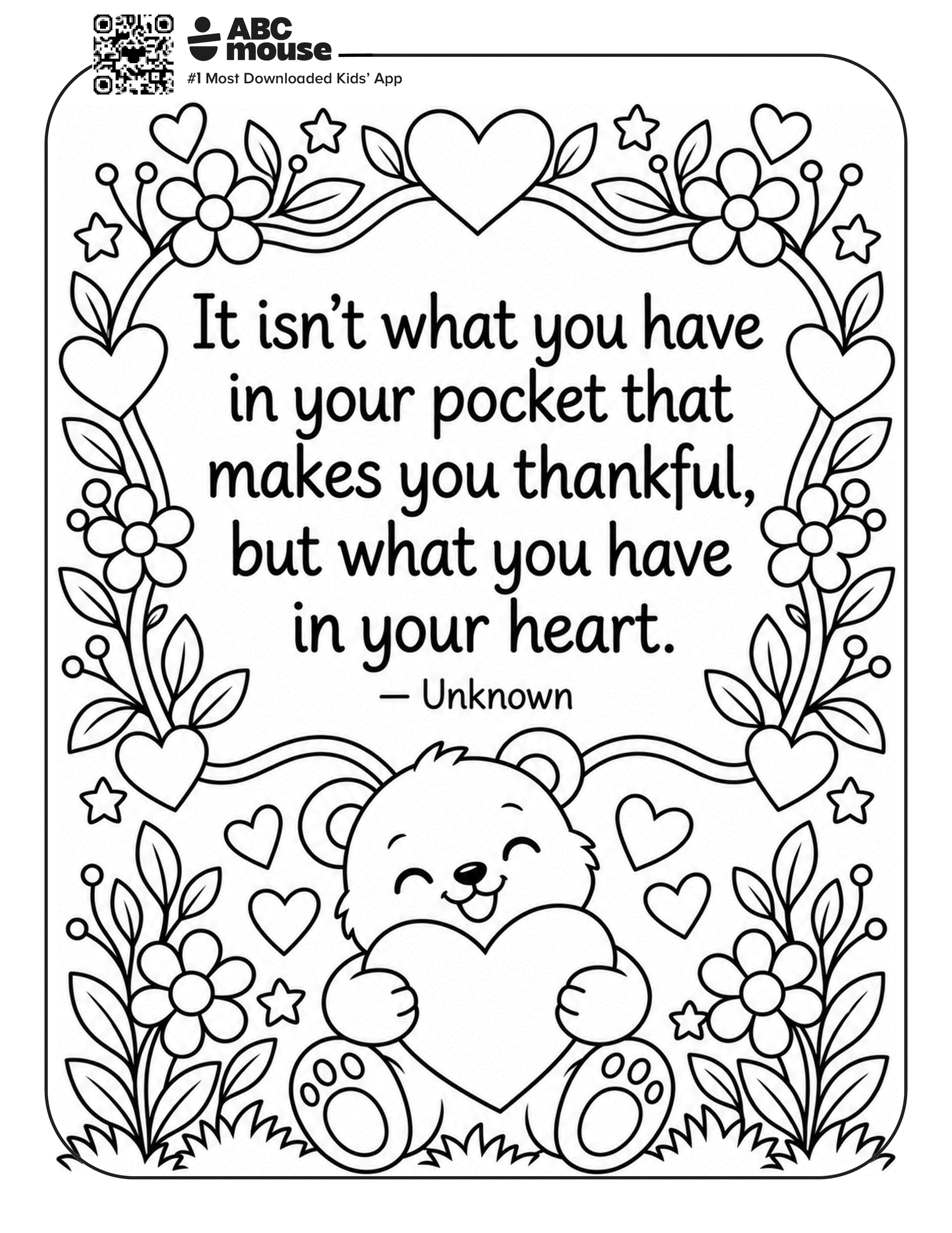 Thankful Heart Bear coloring page featuring a smiling bear holding a heart beneath an inspirational gratitude quote.