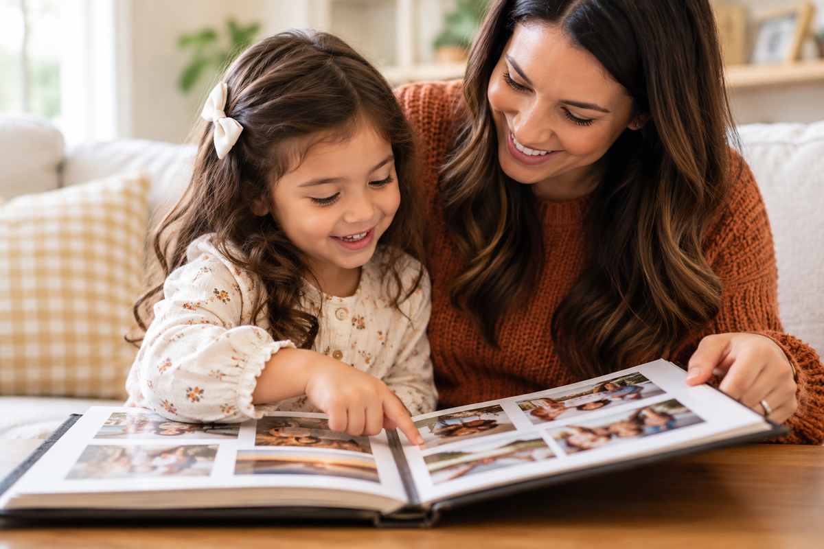 Mother and young daughter smiling together as they look through a family photo album filled with favorite memories.