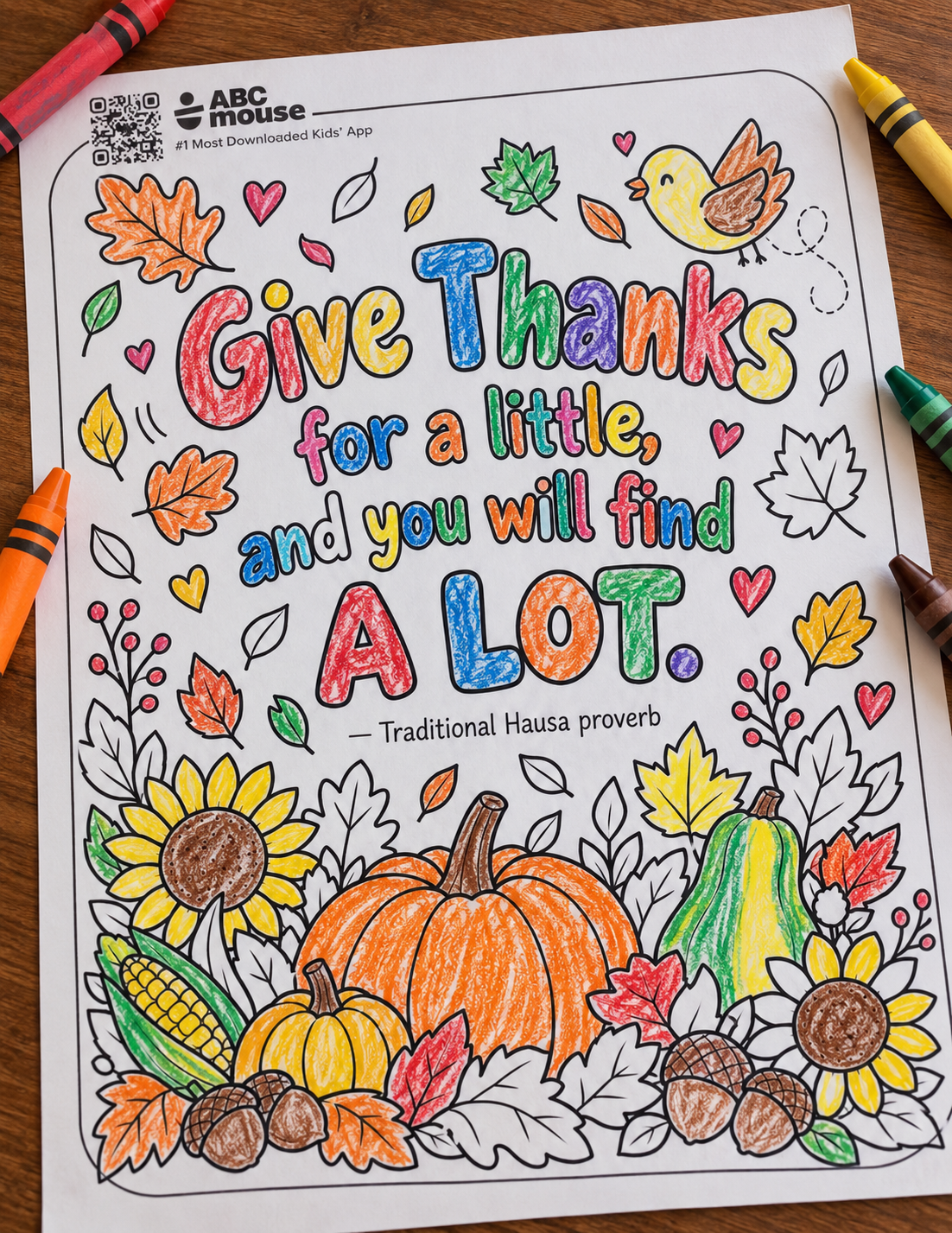 A gratitude quote printable coloring page colored in bright crayon colors.
