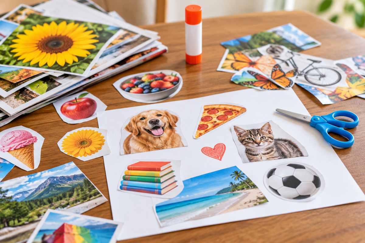 Colorful magazine cutouts of animals, foods, books, sports, and favorite activities arranged on a poster board with scissors and glue for a children's gratitude collage.