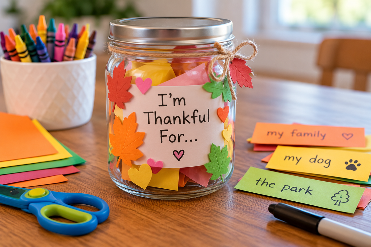 Decorated gratitude jar filled with colorful paper leaves and thankful notes, surrounded by craft supplies and handwritten messages of appreciation.