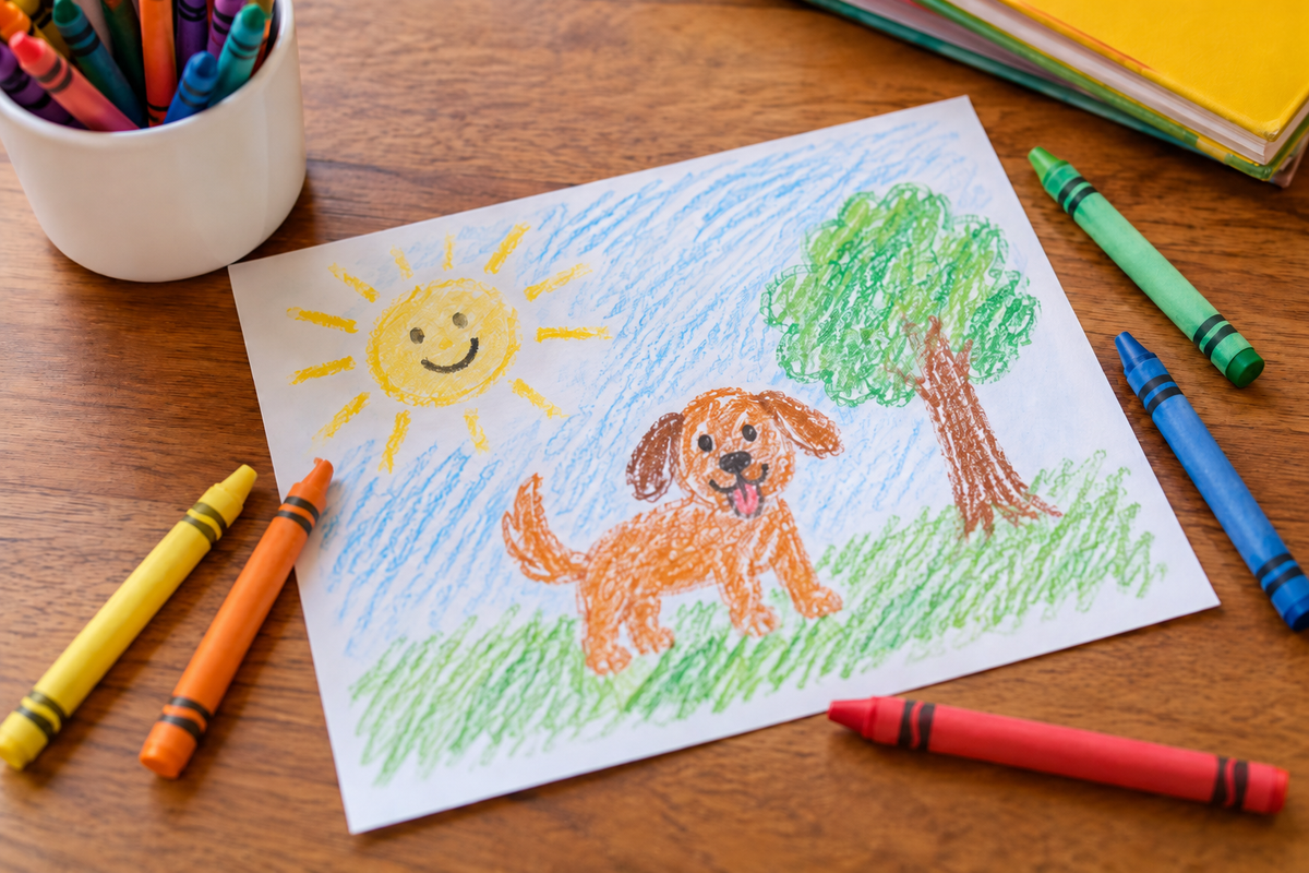 Child's colorful crayon drawing of a happy dog playing outside under a sunny sky, surrounded by crayons on a wooden table.