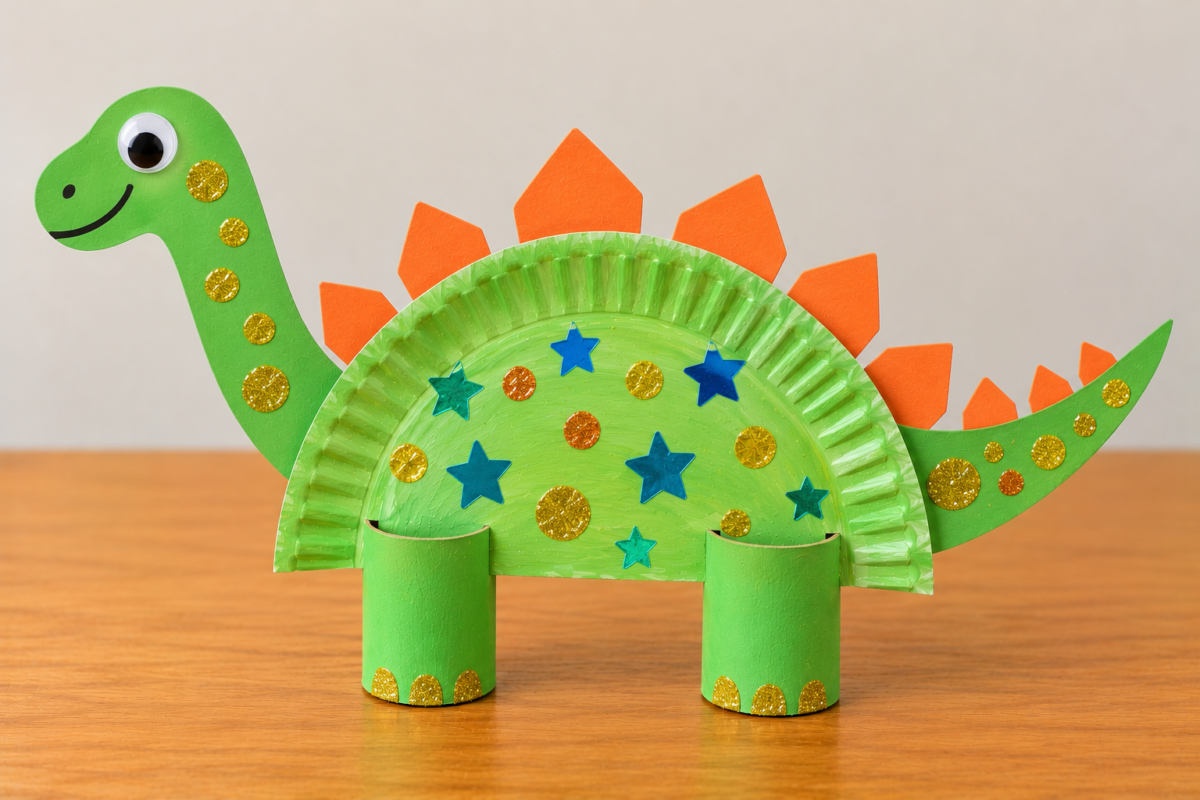 Green paper plate stegosaurus craft with orange back plates, yellow tail spikes, blue spots, and cardboard tube legs.