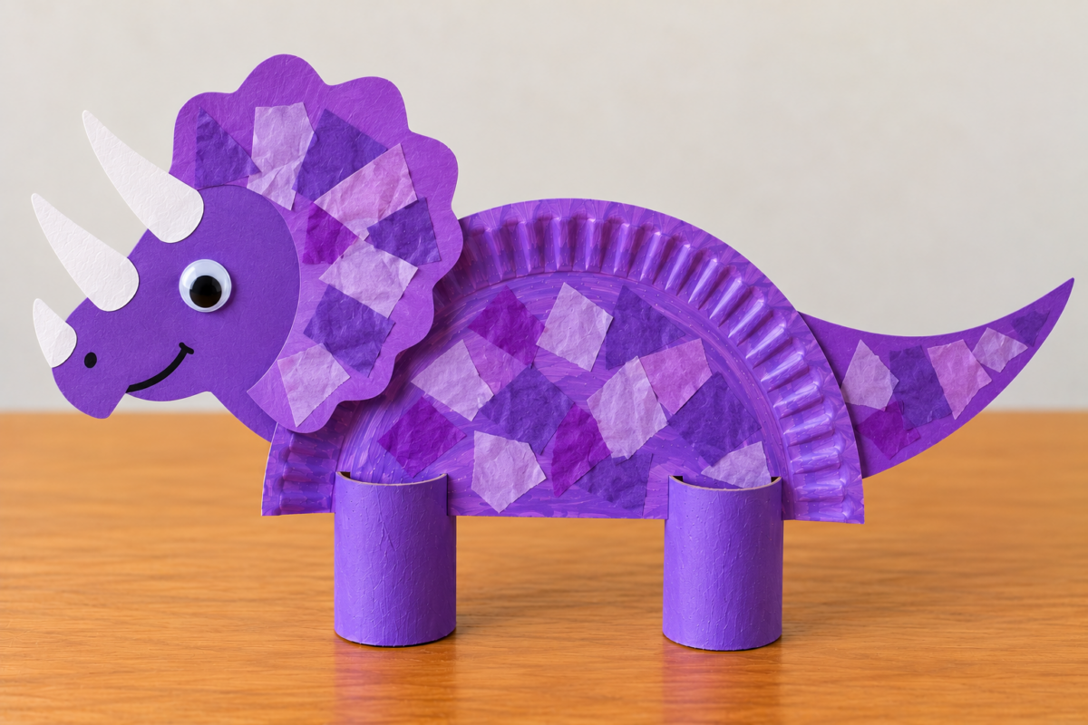 Purple paper plate triceratops decorated with pieces of purple tissue paper, three horns, and a large frill.