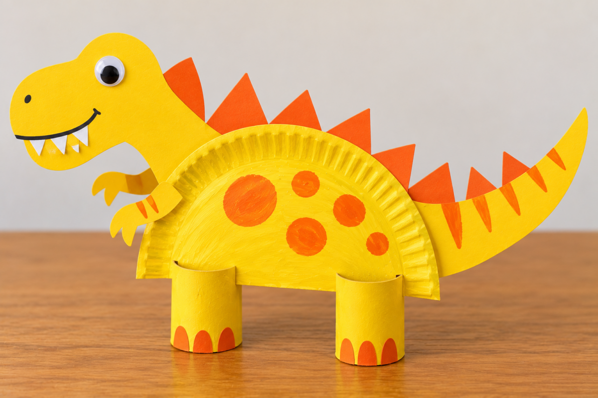 Yellow and orange paper plate T. rex craft with a large head, tiny arms, teeth, thick tail, and cardboard tube legs.