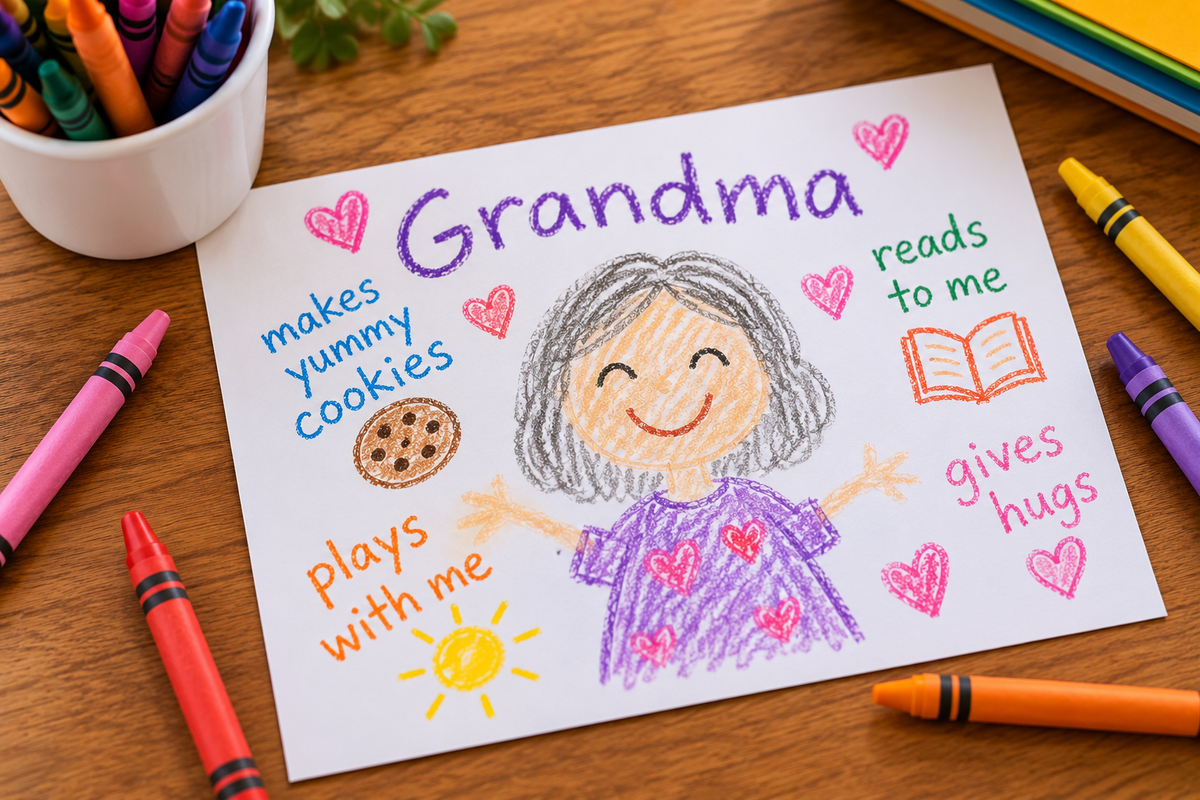 Colorful crayon portrait of Grandma surrounded by hearts, drawings, and handwritten reasons why she is special.