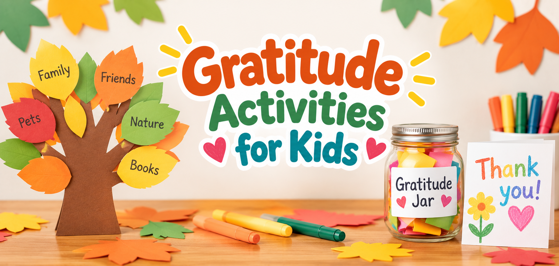 Colorful Gratitude Activities for Kids banner featuring a paper thankful tree, gratitude jar filled with colorful notes, handmade thank-you card, and fall-themed craft supplies.