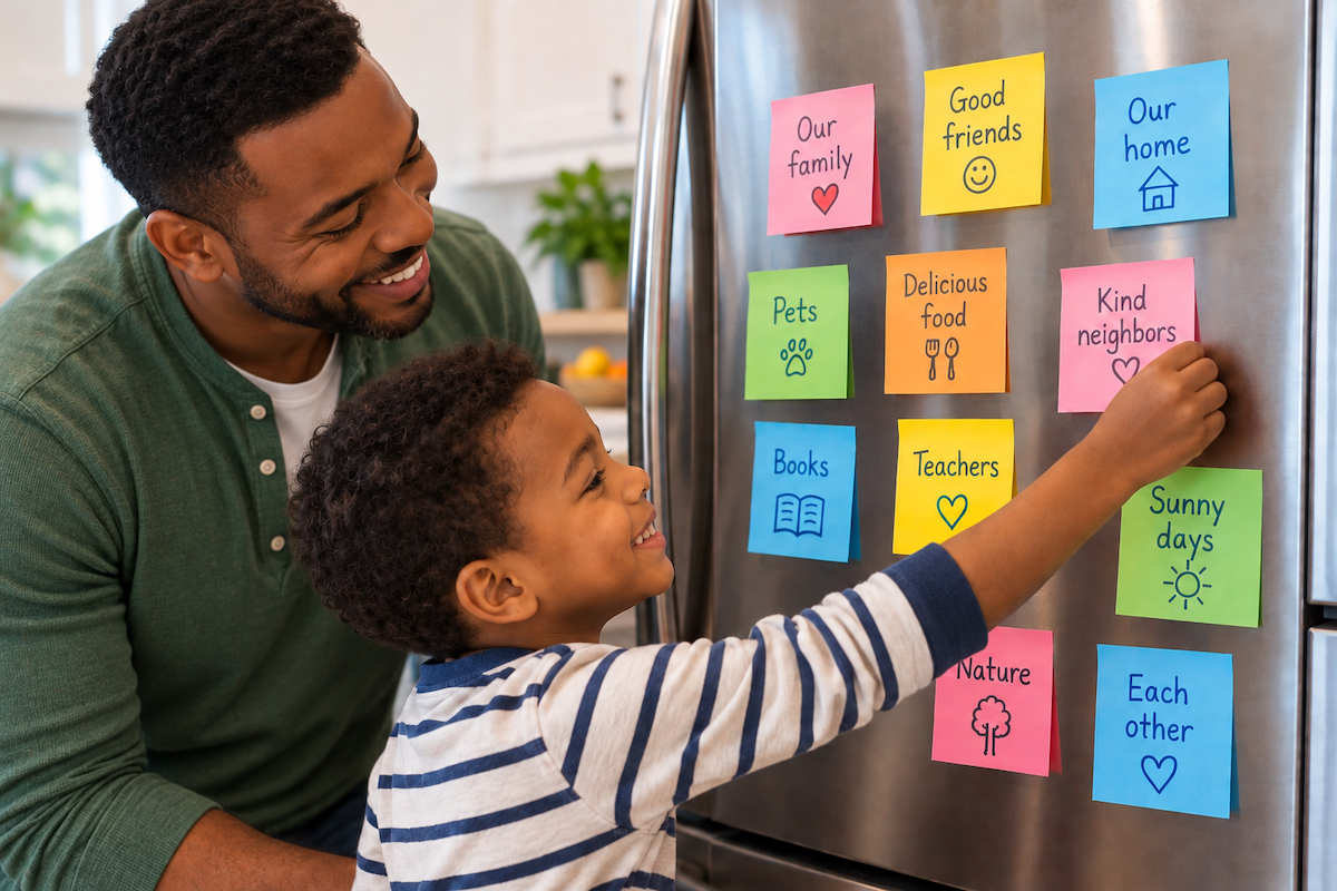 Father and son adding colorful sticky notes about things they appreciate to a family gratitude board on the refrigerator.