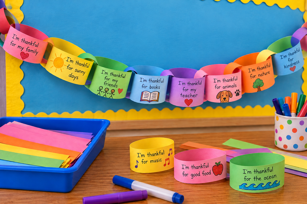 Colorful paper gratitude chain displayed on a classroom bulletin board with thankful messages written on each link.