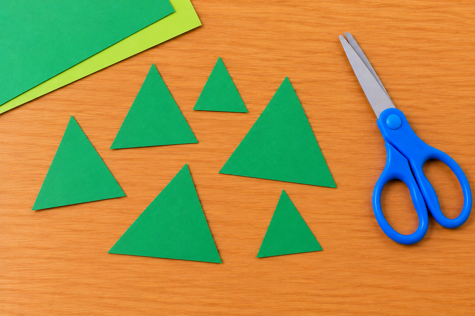 Green construction paper triangles cut into different sizes for dinosaur back spikes beside blue scissors.