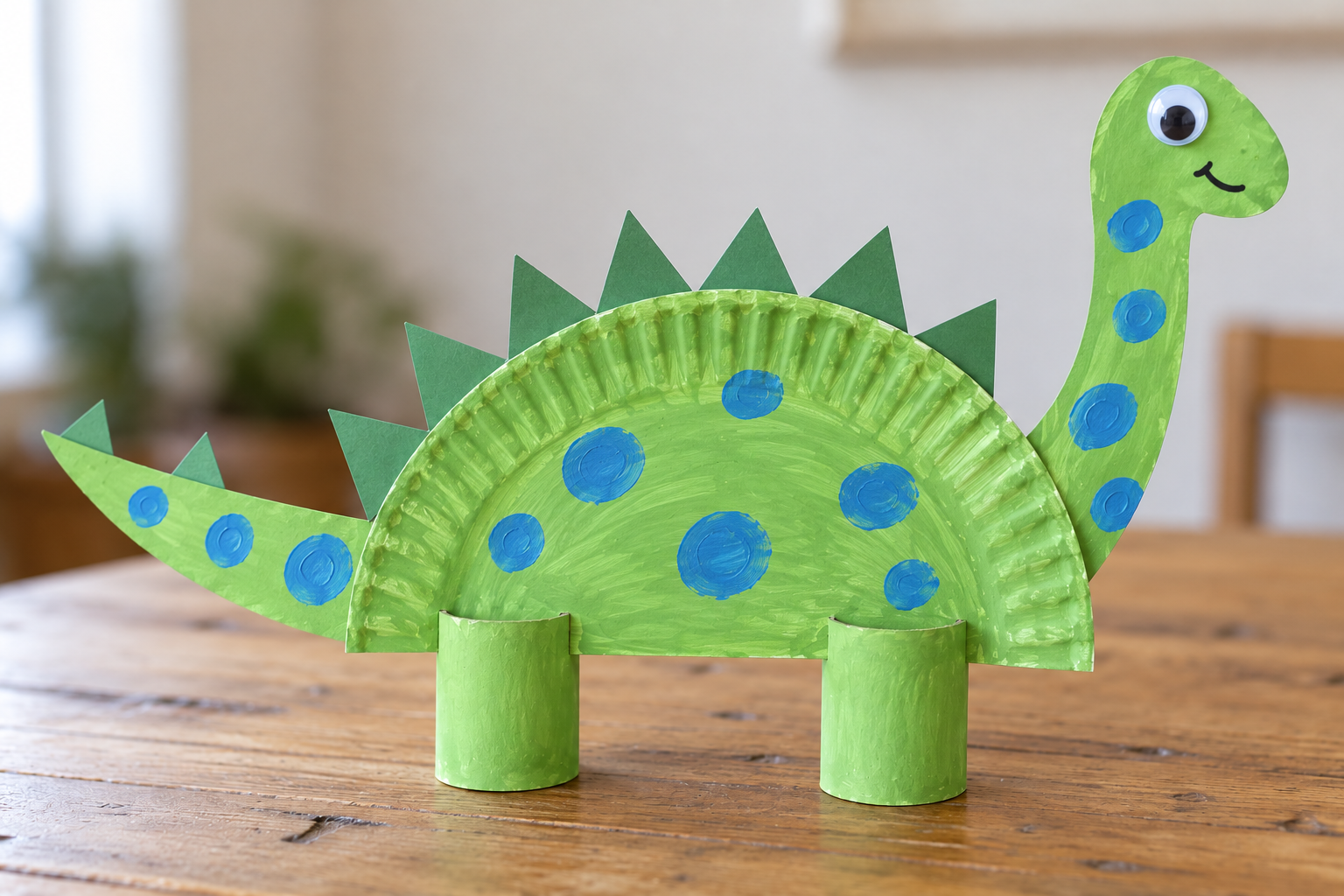 Finished green paper plate dinosaur with a long neck, googly eye, back spikes, tail, and cardboard tube legs.