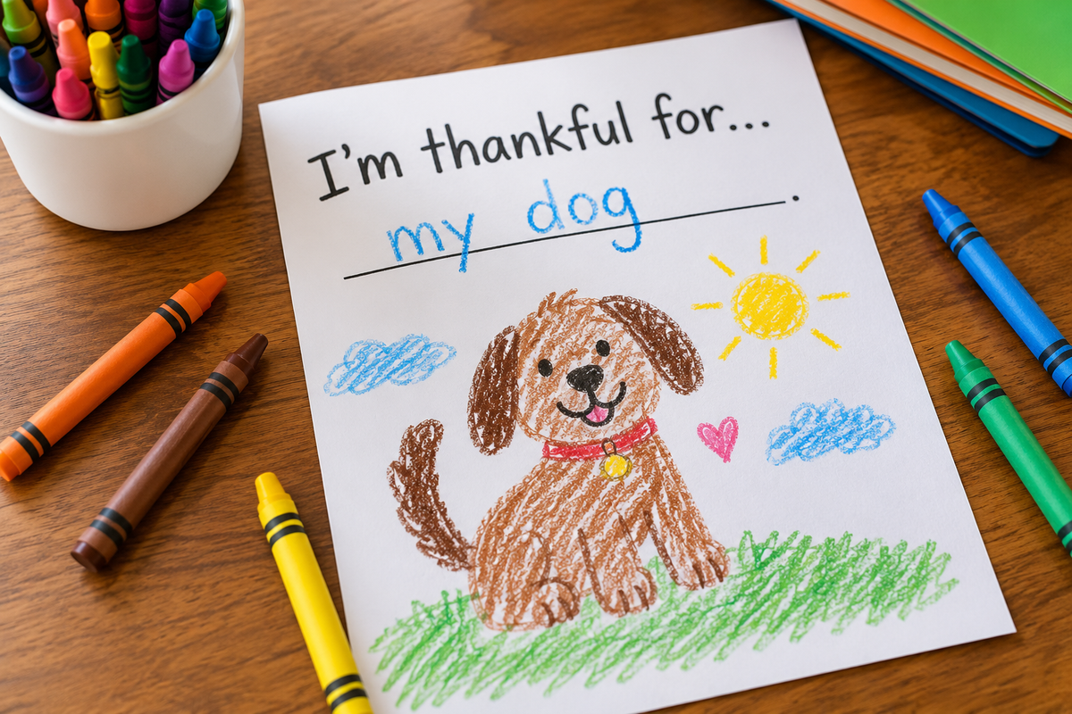 Child's colorful crayon drawing of a happy dog beneath the sentence “I'm thankful for... my dog,” surrounded by crayons on a wooden table.