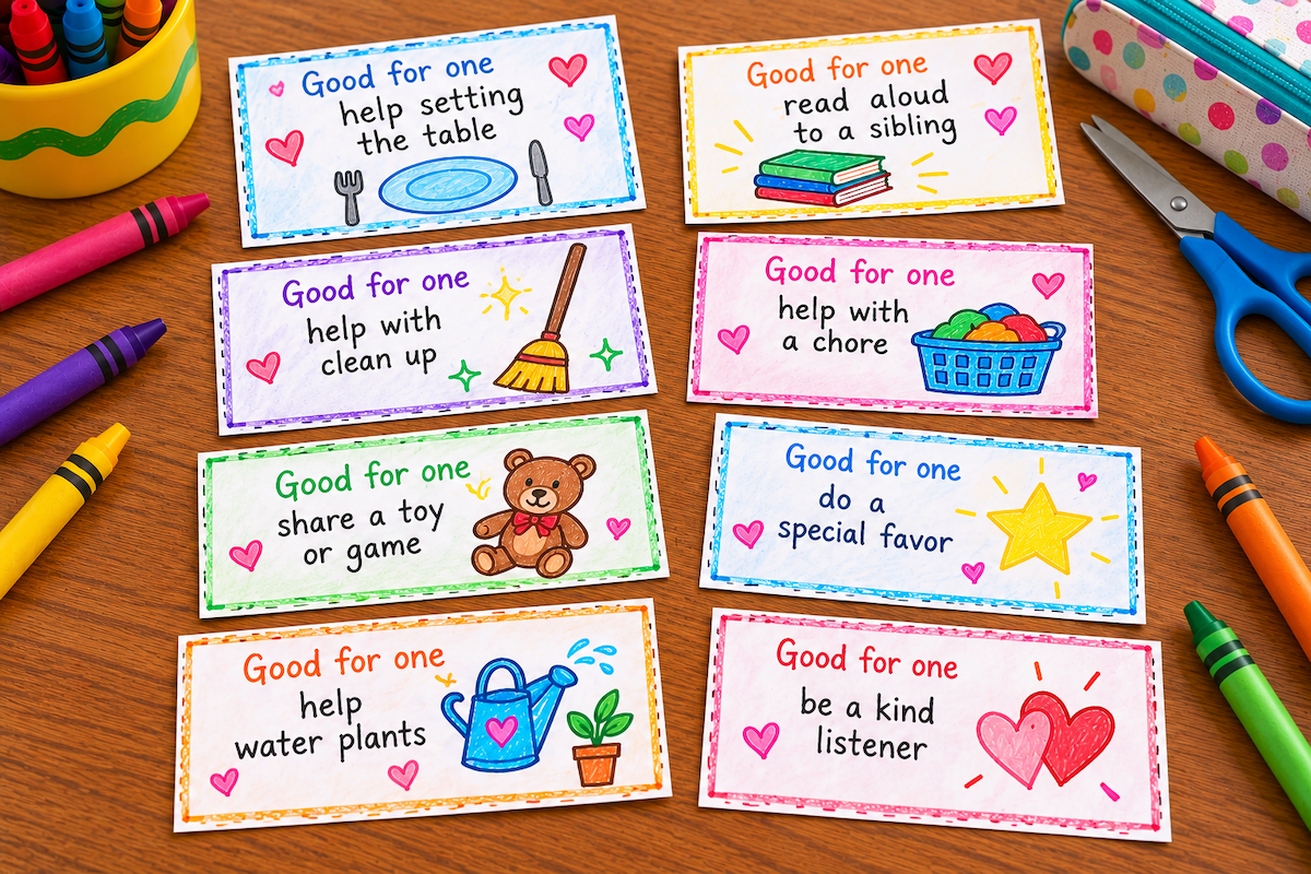 Handmade kindness coupons for kids featuring helpful acts like sharing toys, setting the table, and helping with chores.