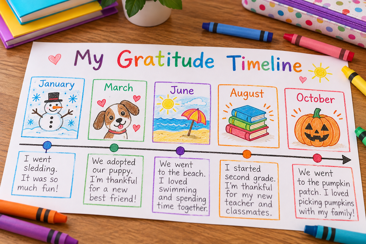 Handmade gratitude timeline with colorful drawings and written memories of meaningful moments throughout the year.
