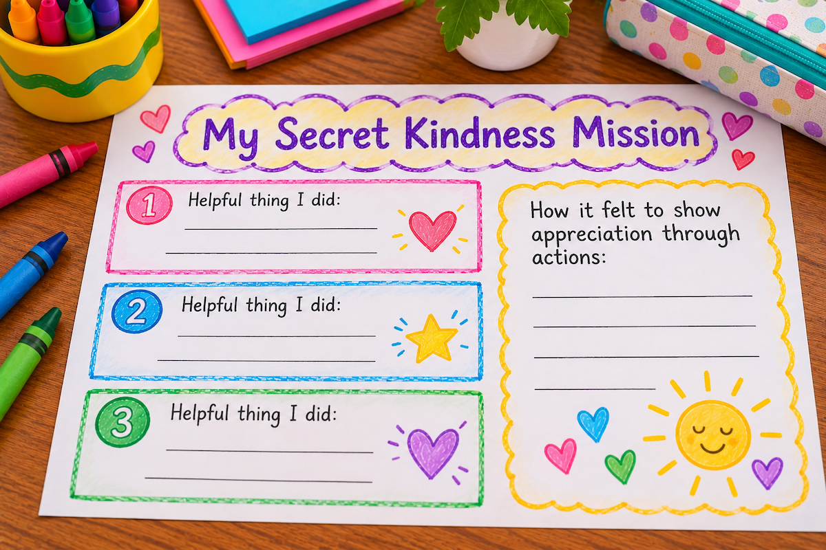 Printable Secret Kindness Mission worksheet with spaces for kids to record three helpful acts and reflect on showing appreciation.