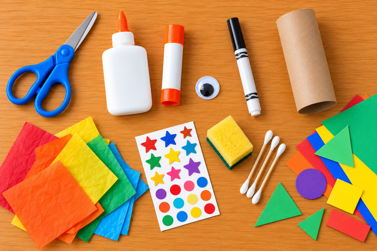Scissors, glue, googly eye, black marker, cardboard roll, tissue paper, stickers, sponge, cotton swabs, and construction paper on a table.