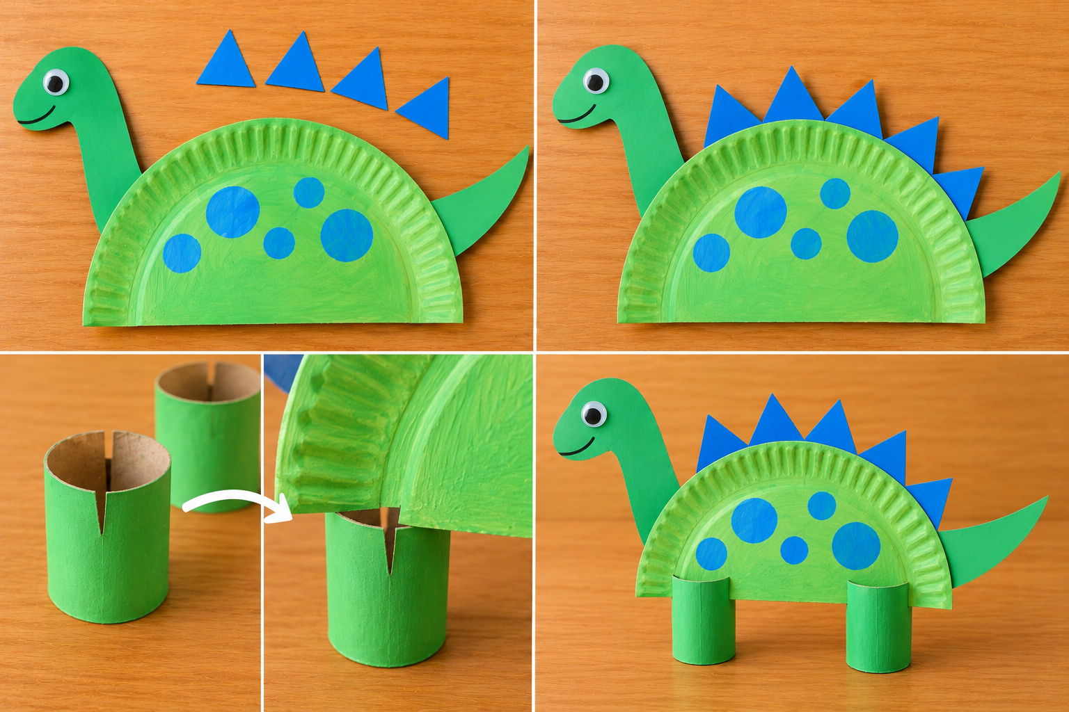 Paper plate dinosaur being assembled with a green head, tail, back spikes, and cardboard tube legs.