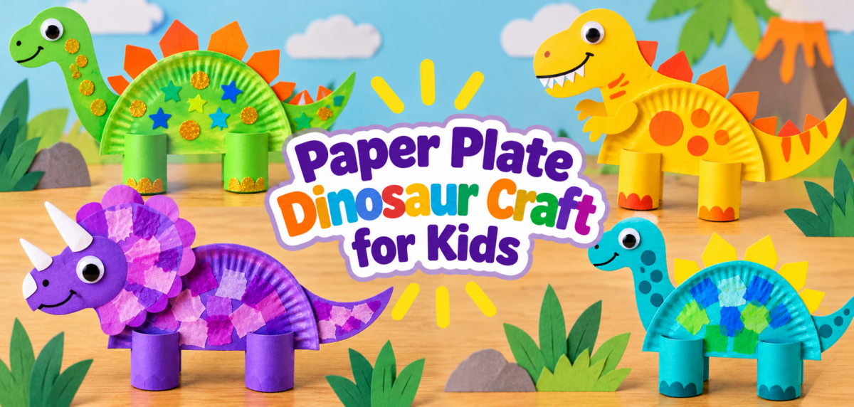 Colorful paper plate dinosaur crafts for kids surrounding the title “Paper Plate Dinosaur Craft for Kids.”