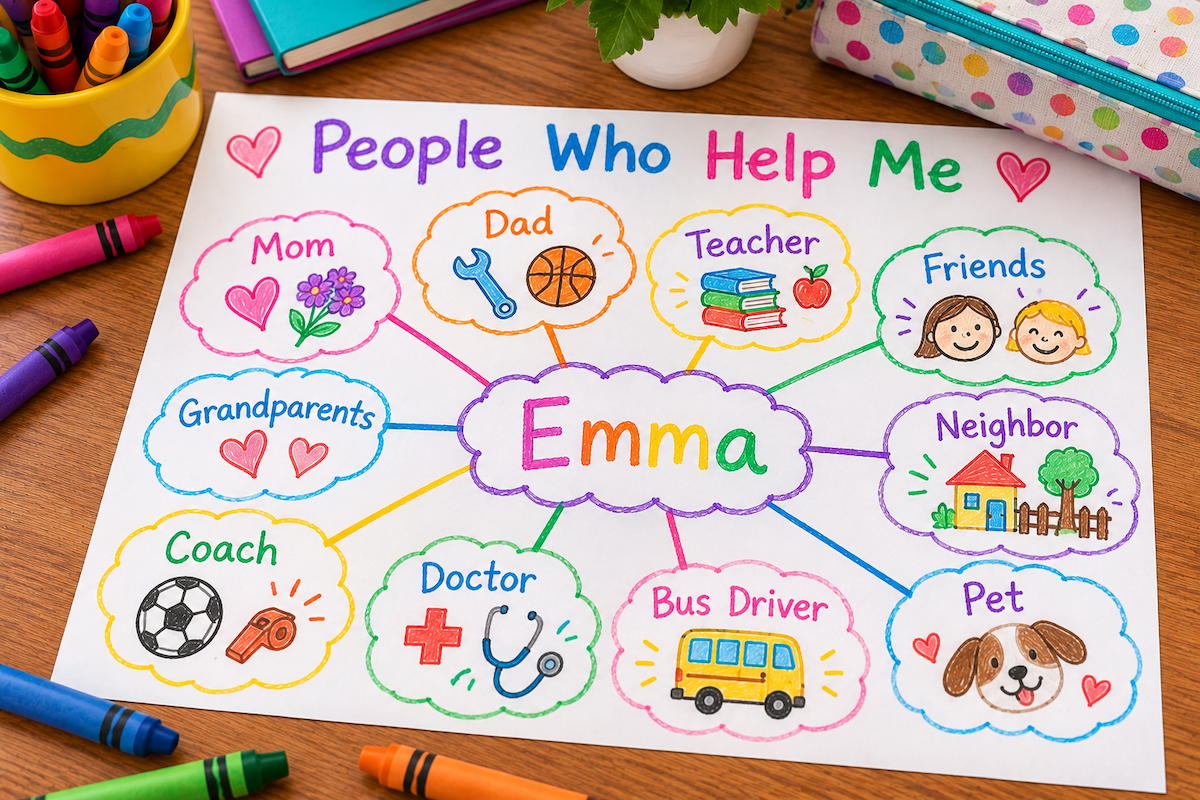 Colorful People Who Help Me mind map showing family members, teachers, friends, and community helpers.