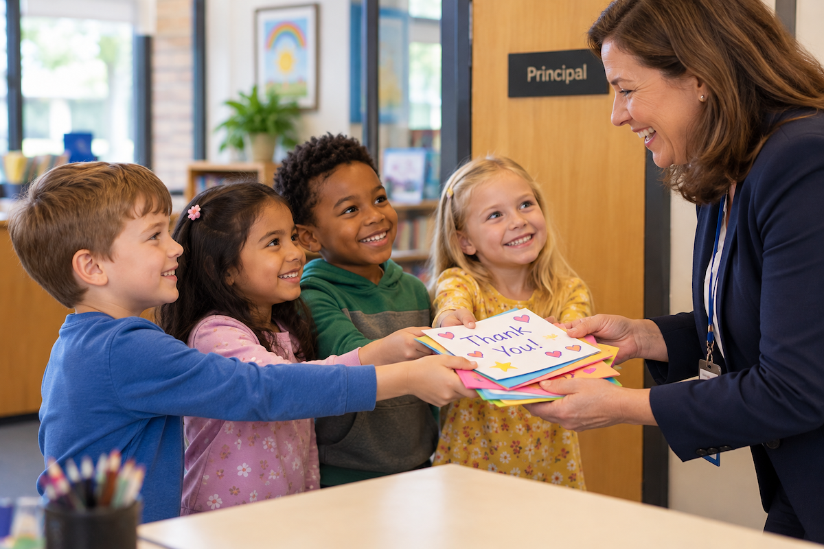 Group of smiling elementary students giving handmade thank-you cards to their school principal.