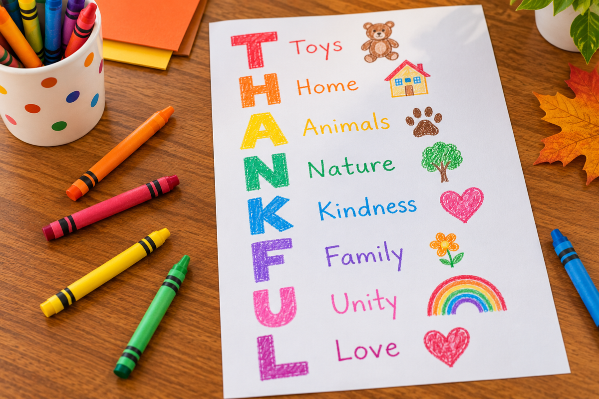 Colorful handmade THANKFUL acrostic featuring gratitude words and drawings for each letter, surrounded by crayons on a wooden table.