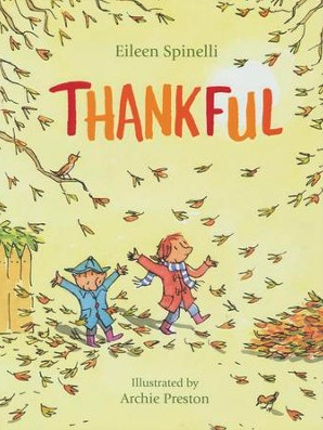 Illustration from a children's picture book showing two children playing in falling autumn leaves beneath the word “THANKFUL.”