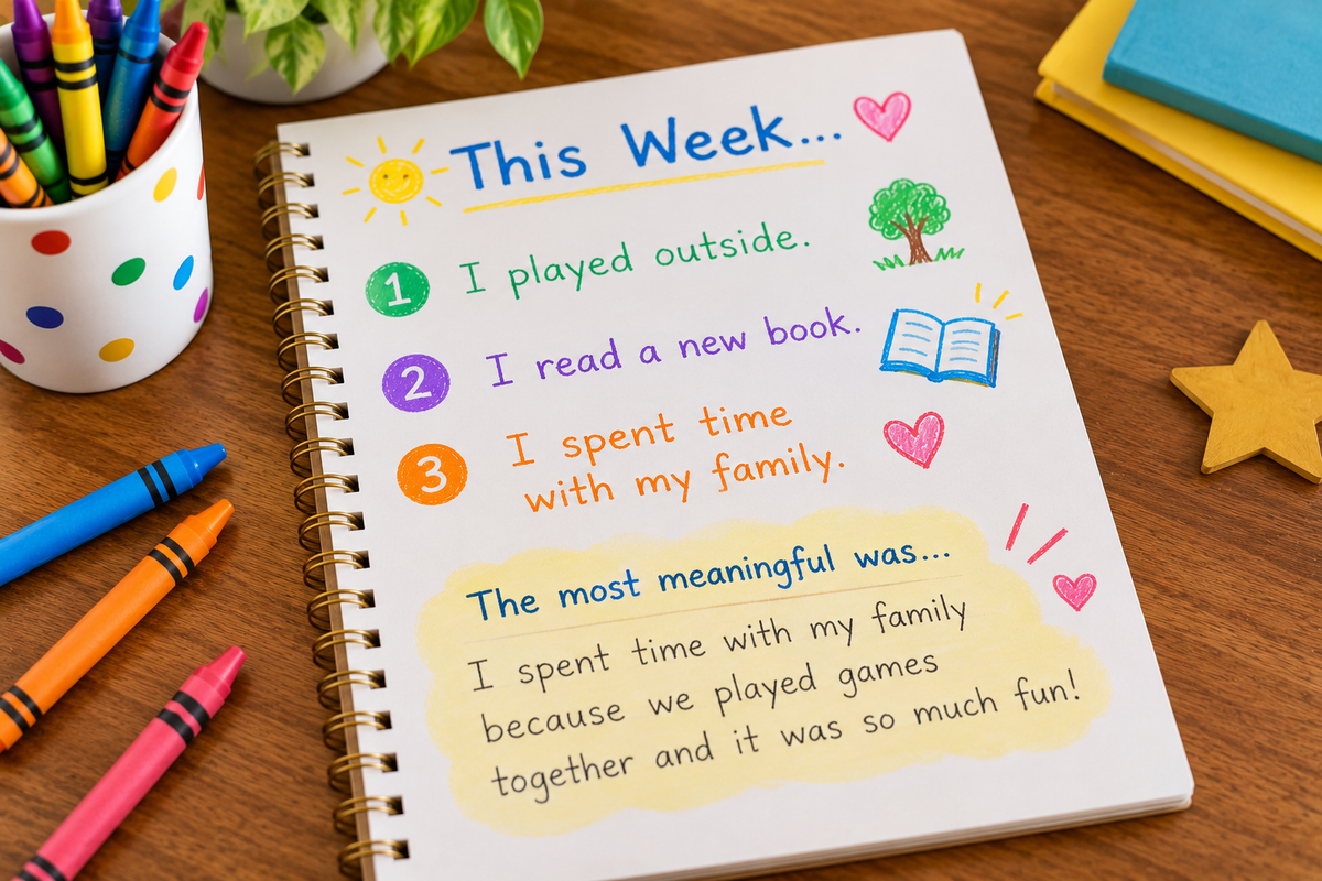 Handwritten gratitude journal listing three positive experiences from the week and explaining why spending time with family was meaningful.