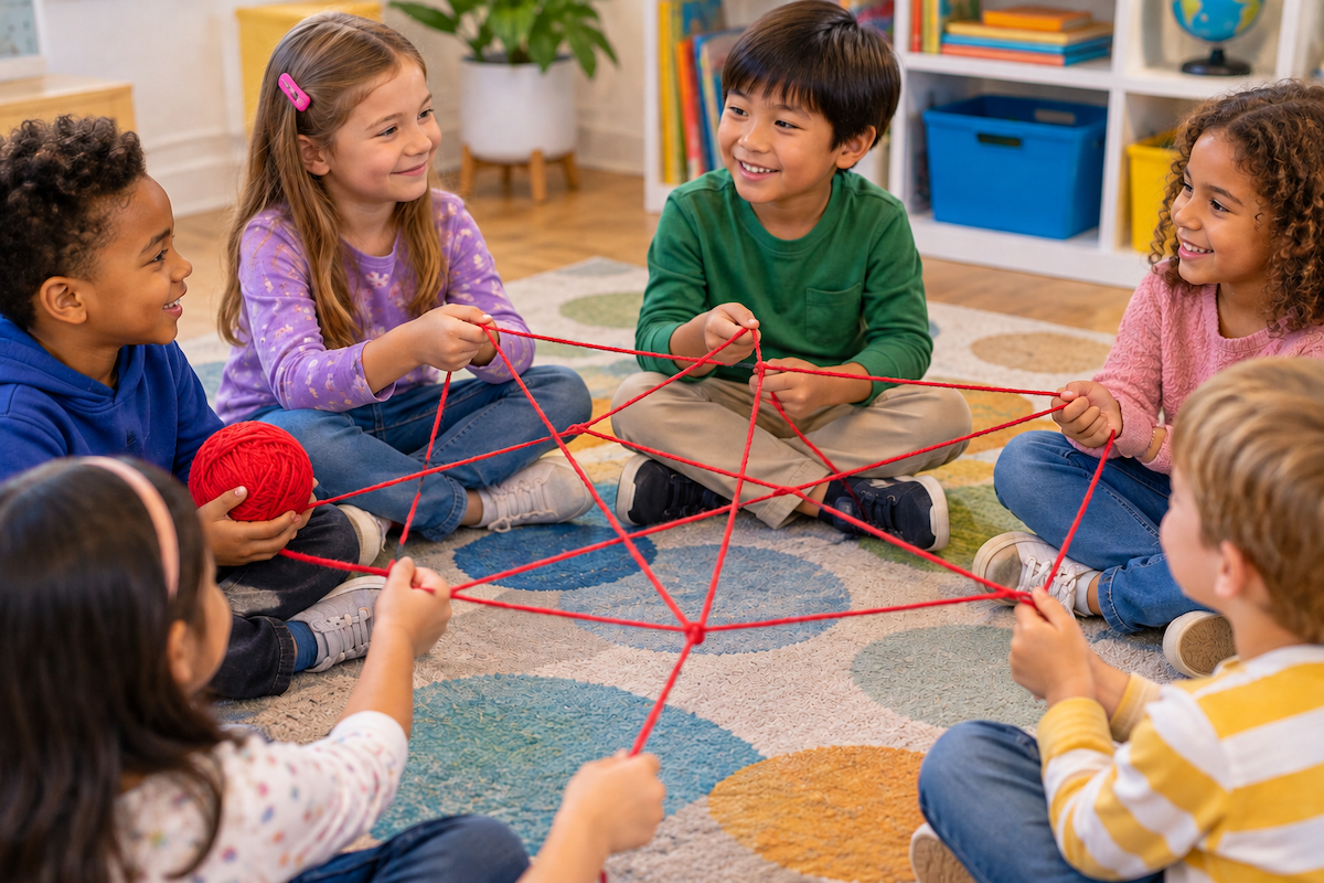 Children sitting in a circle and passing red yarn to create a gratitude web during a classroom activity.