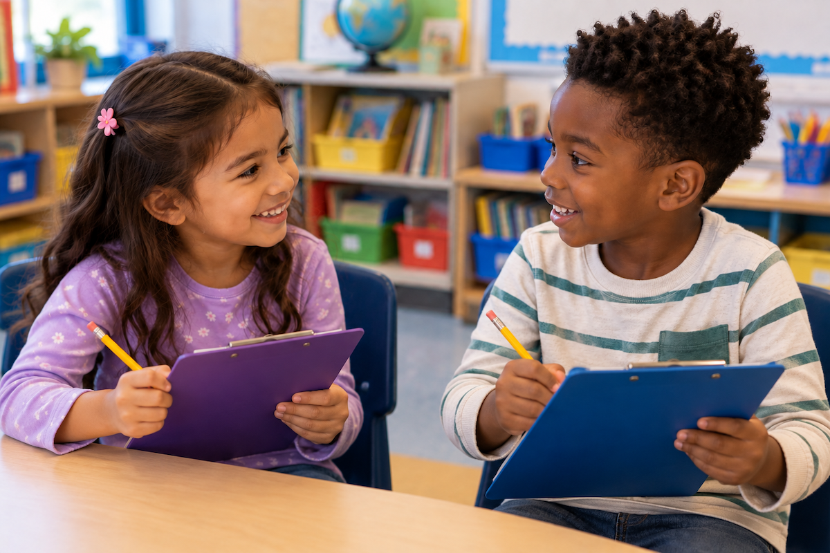 Two smiling elementary school children sit at a classroom table, holding clipboards and pencils while talking and working together on a writing activity.