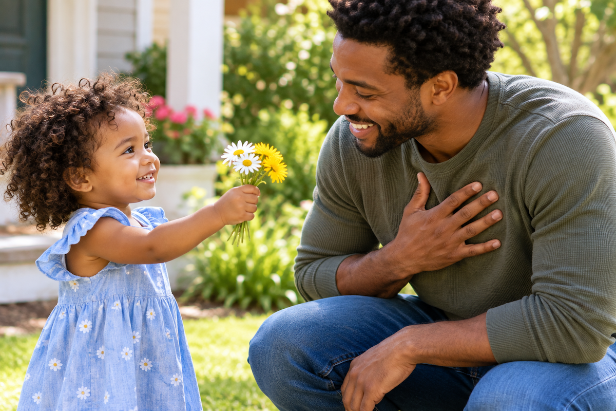 Young child offering flowers to a smiling adult as a way of expressing gratitude.