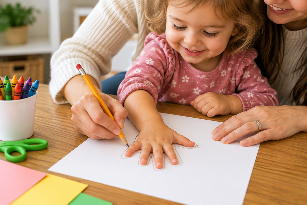 Young child tracing their hand on paper with help from an adult for a thankful handprint activity.