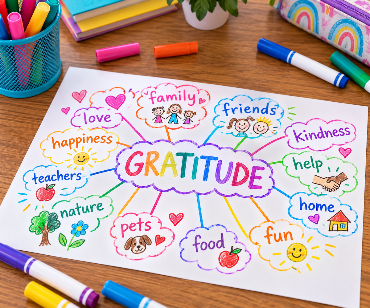 Colorful gratitude word cloud featuring words like family, friends, kindness, nature, and happiness.