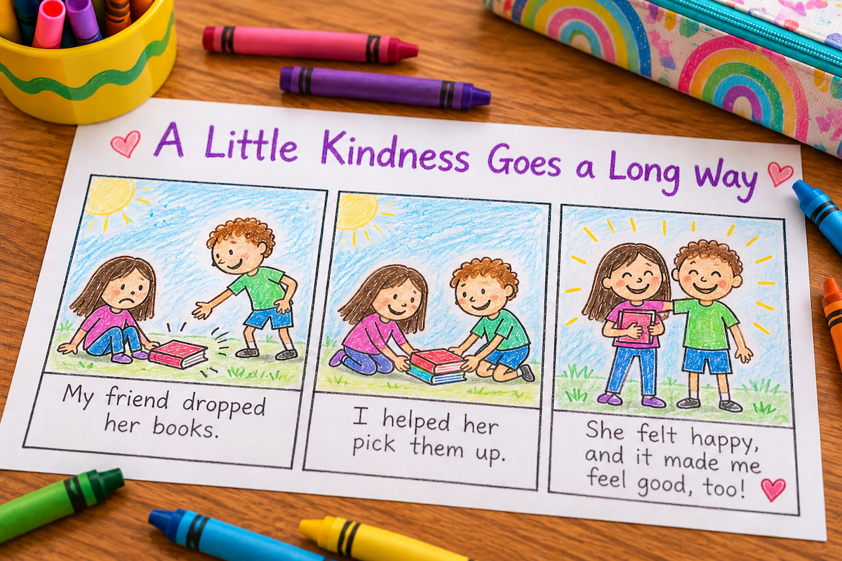 Hand-drawn kindness comic strip showing children helping others, with colorful illustrations and crayons.